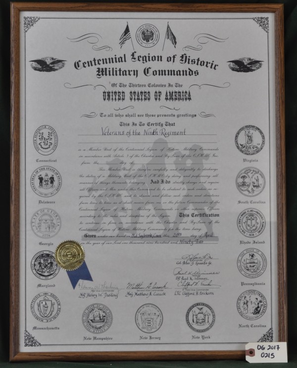 Ninth Regiment Citation From Centennial Legion