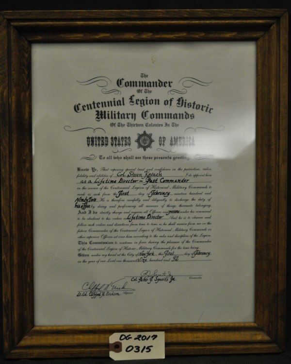 Centennial Legion Certificate to Col Steven Kovach