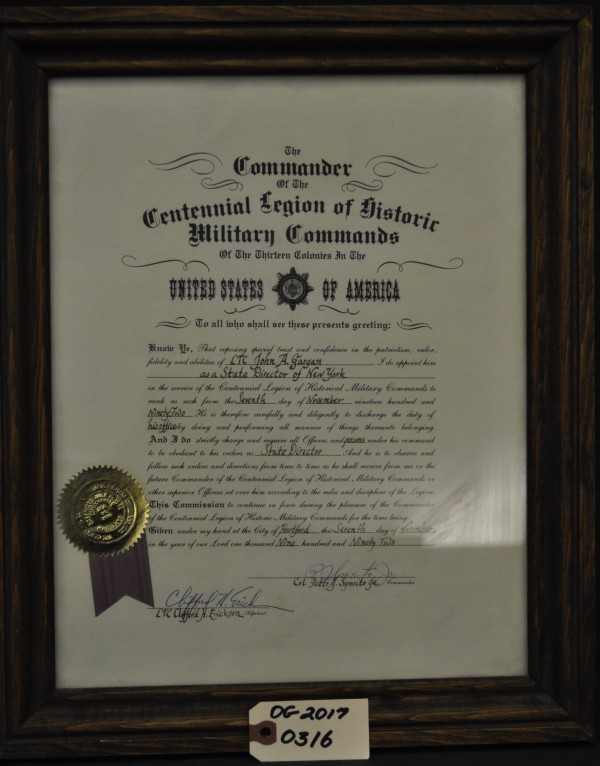 Centennial Legion Certificate to Col John Gargan