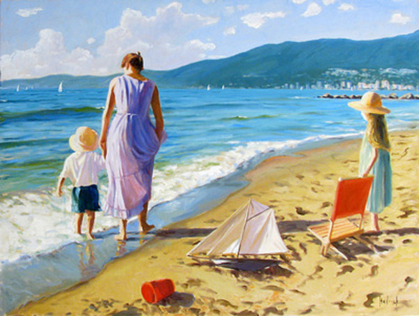 Untitled - Woman and children on beach by Ron Hedrick, Image 1.