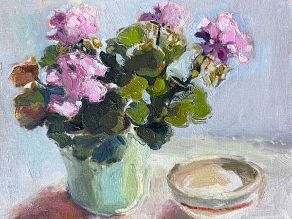 Geraniums and Striped Bowl by Sara Rae, Image 1.