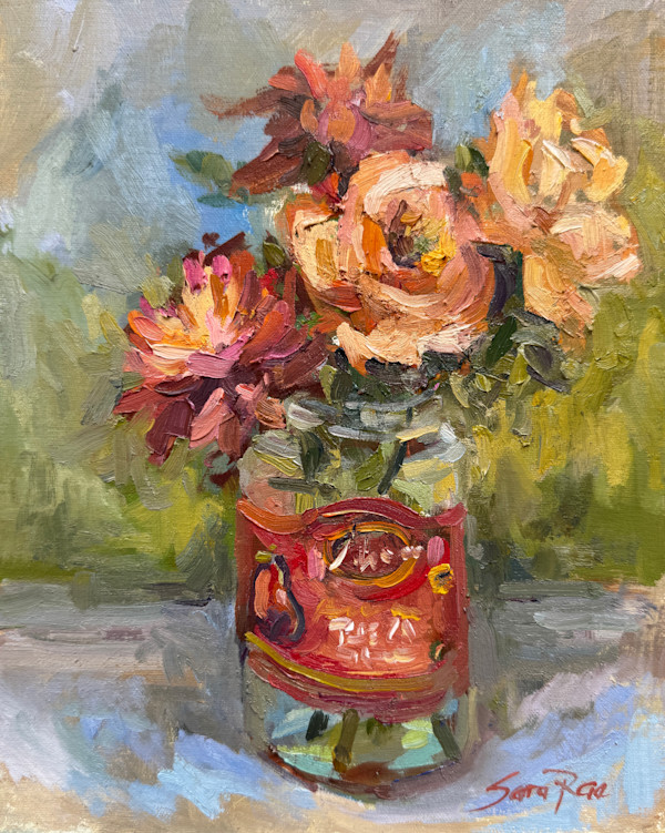 Roses and Dahlias in Pasta Jar by Sara Rae
