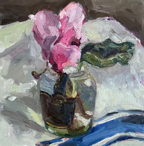 Cyclamen in Mustard Jar by Sara Rae
