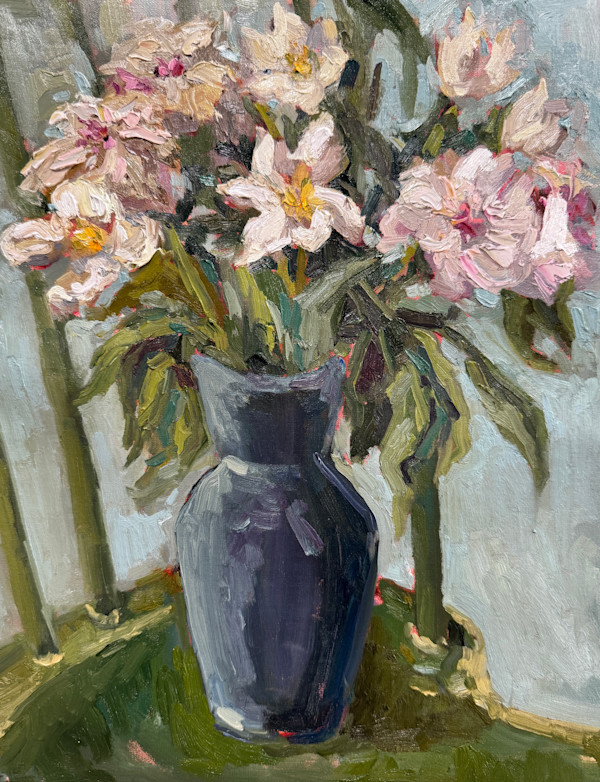 Peonies and Green Chair by Sara Rae