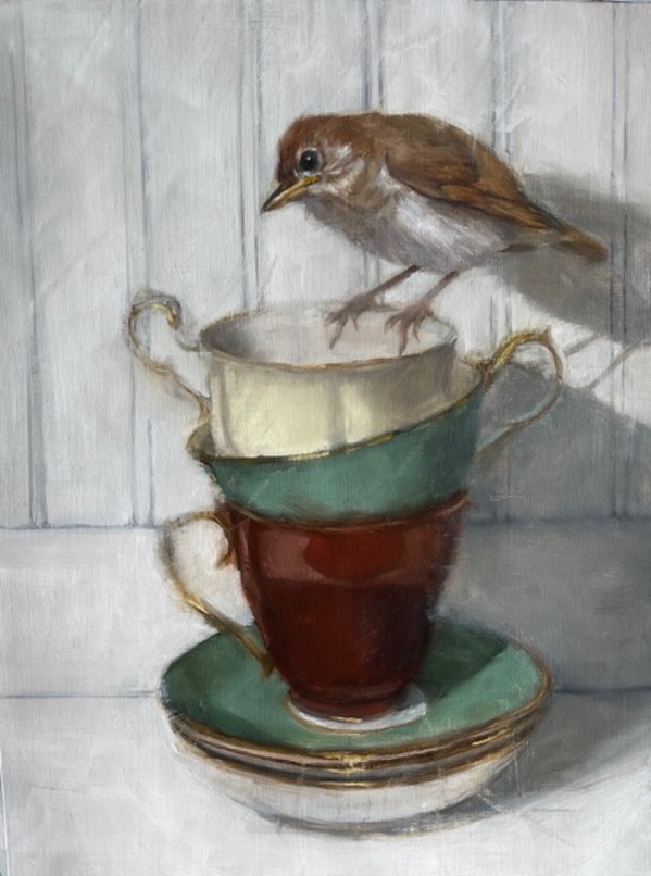 Wood Thrush on Grandma's Tea Cups by Rose Tanner