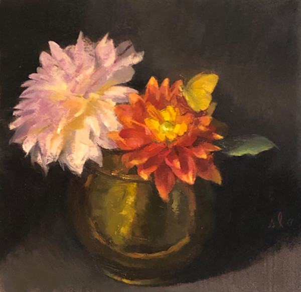 "Dahlias, Copper Pot & Butterfly" by Suzanne Lago Arthur