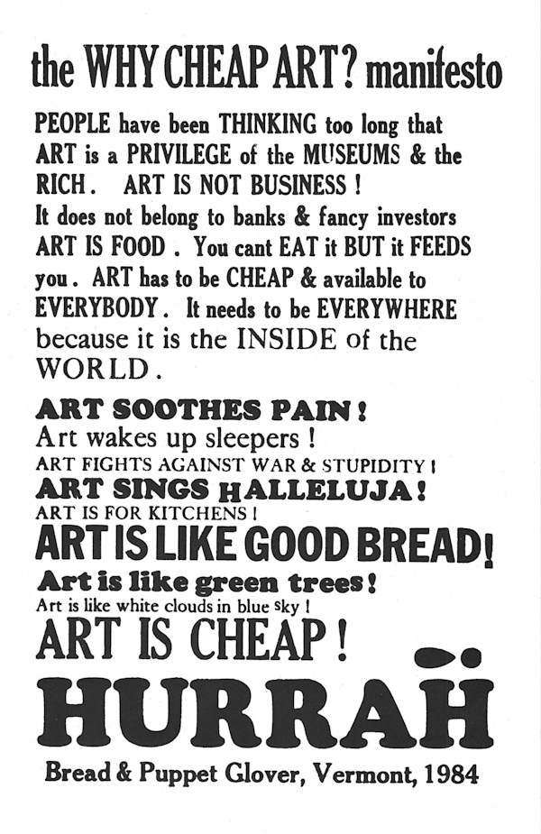 Cheap Art Manifesto by Bread and Puppet Theatre by Anita Inez White