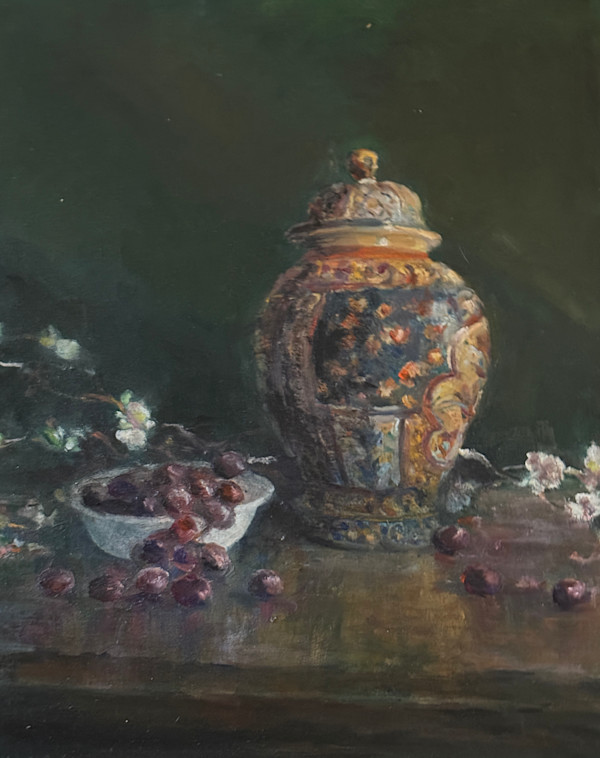Covered Jar and Red Grapes by Shauna Shane, Image 1.