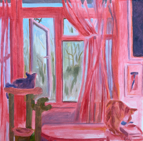 Home Scene with Cats (Pink Light) by Sarah Dee Barrett, Image 1.