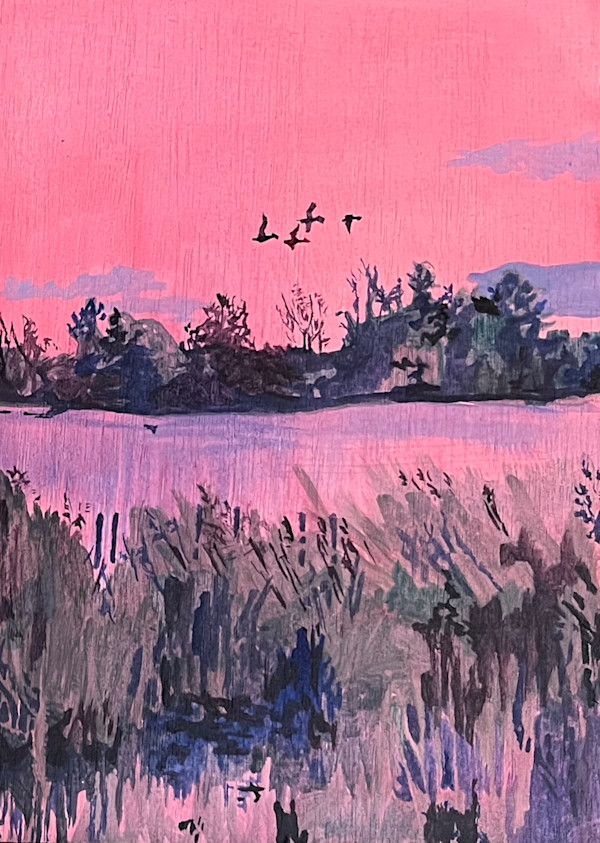 Pink Lake with Birds by Sarah Dee Barrett