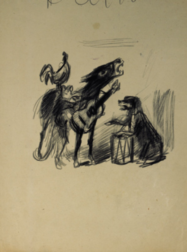 L’asinello, il gallo e il cane (dal racconto dei fratelli Grimm I musicanti di Brema) by Konstantin Ivanovich Rudakov