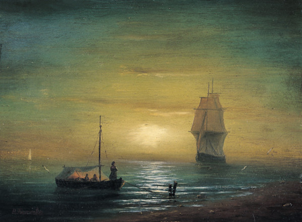 Lo zar Pietro il Grande osserva la nave straniera che entra nel porto by Vijceslav Pavlovich Bjchkov