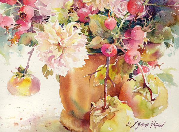 Christmas Berries, Flowers & Persimmons by Julie Gilbert Pollard