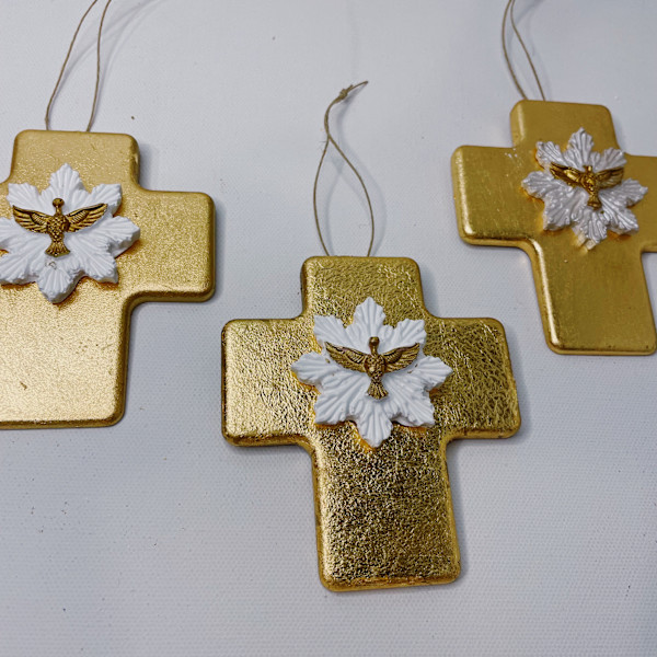 Christmas Ornament Gold Leaf Cross W/Holy Spirit Ornament