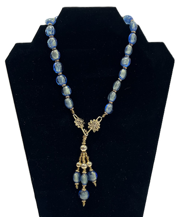 #1048 Glass Beads, Blue with Gold accents and Brass Connections by Sue Broadway, Image 3.