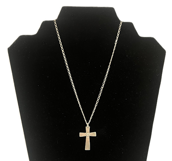 #863 Handmade Fine Silver Cross with CZ Accent and Sterling Chain by Sue Broadway, Image 2.