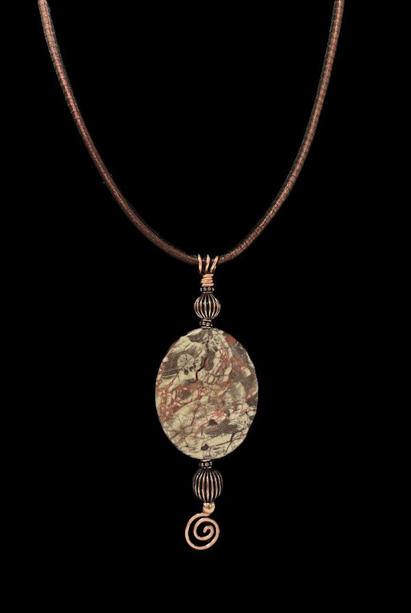 #1112 Copper Wirework on Unakite Stone with Leather Wrap Neckwire by Sue Broadway, Image 1.