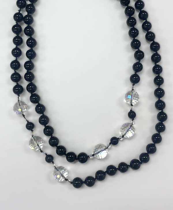#481 Black Onyx with Crystal Accent Beads. Hand Knotted 44in by Sue Broadway, Image 1.