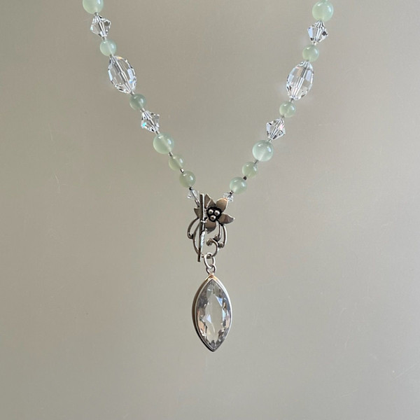 #197 Jade wtih Swarovski Crystals and Crystal Quartze Pendant Sterling Silver Clasp 21in by Sue Broadway, Image 2.
