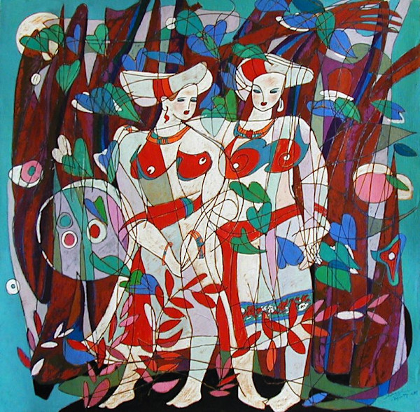 Two Ivory Women with Red by Xiaothu Pan, Image 1.