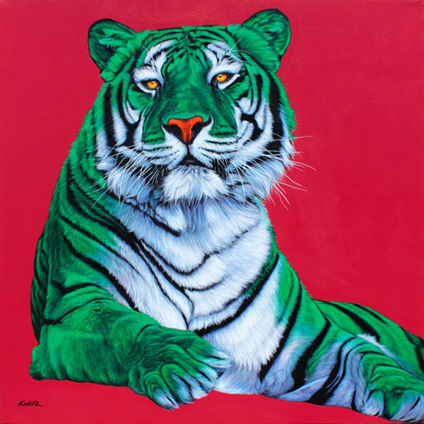 GREEN & WHITE TIGER ON RED, 2011 by HELMUT KOLLER 