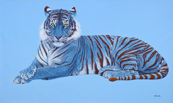BLUE TIGER ON BLUE WITH RED STRIPES, 2014 by HELMUT KOLLER