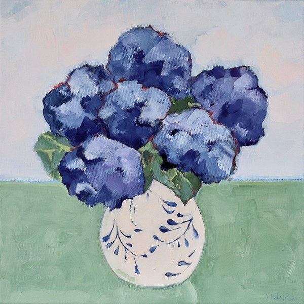 Blue Hydrangea in Blue & White Vase Unframed by Beth Munro