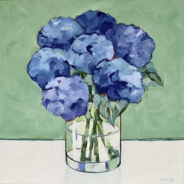 Blue Hydrangea in Glass Vase with Pistachio Background by Beth Munro