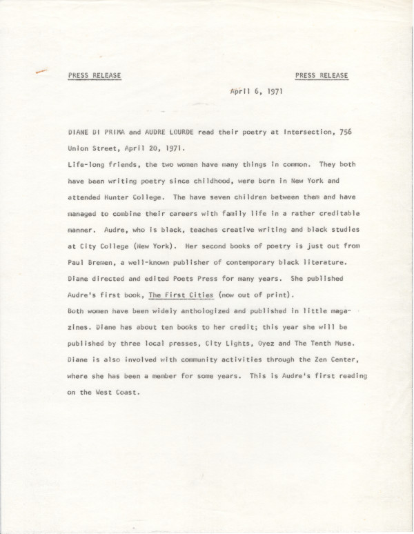 [AUDRE LORDE] Press Release for Audre's First West Coast Poetry Reading witih Diane DiPrima by n.p.