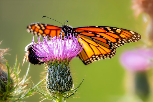 Monarch butterfly and a bee on a thistle flower by David Whited