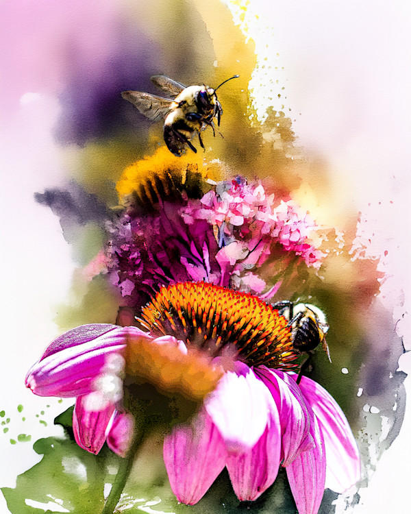 Bumble Bees on a cone flower by David Whited, Image 1.