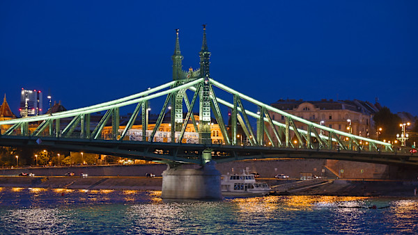 Liberty Bridge (Szabadság híd) in Budapest, Hungary, at night. by David Whited