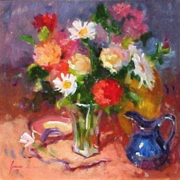 Flowers and Blue Pitcher by Susan F Greaves