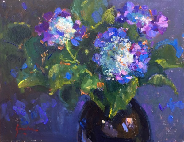 Hydrangeas in a Black Vase by Susan F Greaves