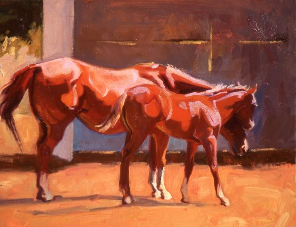 QH MARE AND FOAL by Susan F Greaves