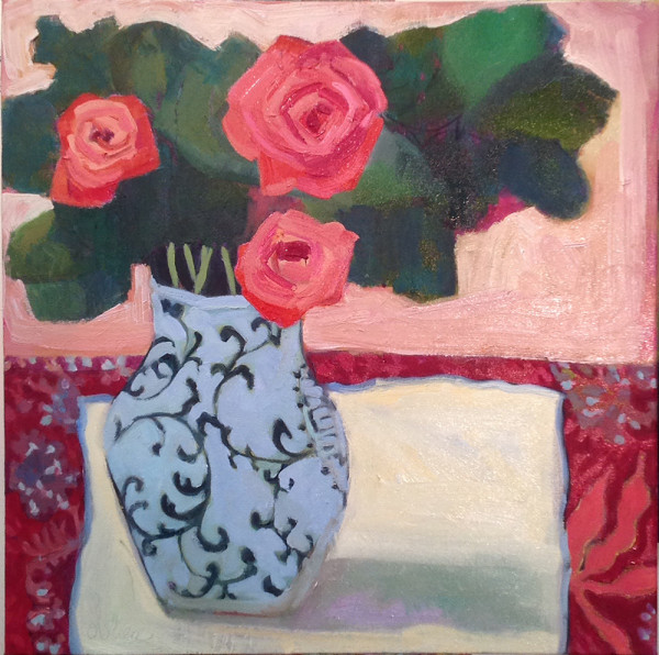Pink Roses White Tablecloth by Annie O'Brien Gonzales