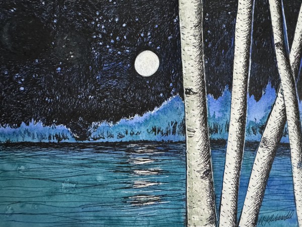 Buck Moon and Lake Birch -Drawing a Day #207 by Helen R Klebesadel