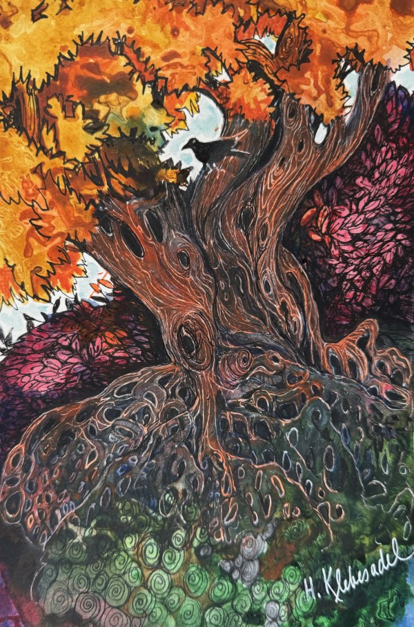 Grandmother Tree with Crow- Drawing a Day #239 by Helen R Klebesadel