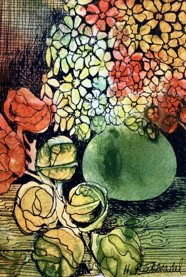 Brussel Sprouts and Posies - Drawing a Day #44 by Helen R Klebesadel