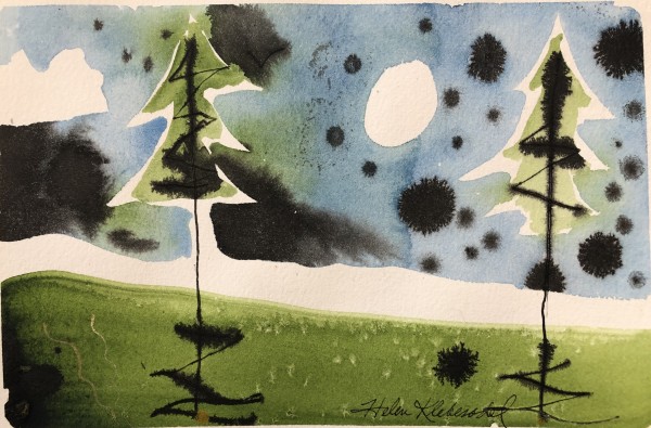 Pine Landscape with Moon - Drawing A Day #49 by Helen R Klebesadel