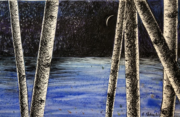 Waning Moon With Birches -Drawing A Day #61 by Helen R Klebesadel