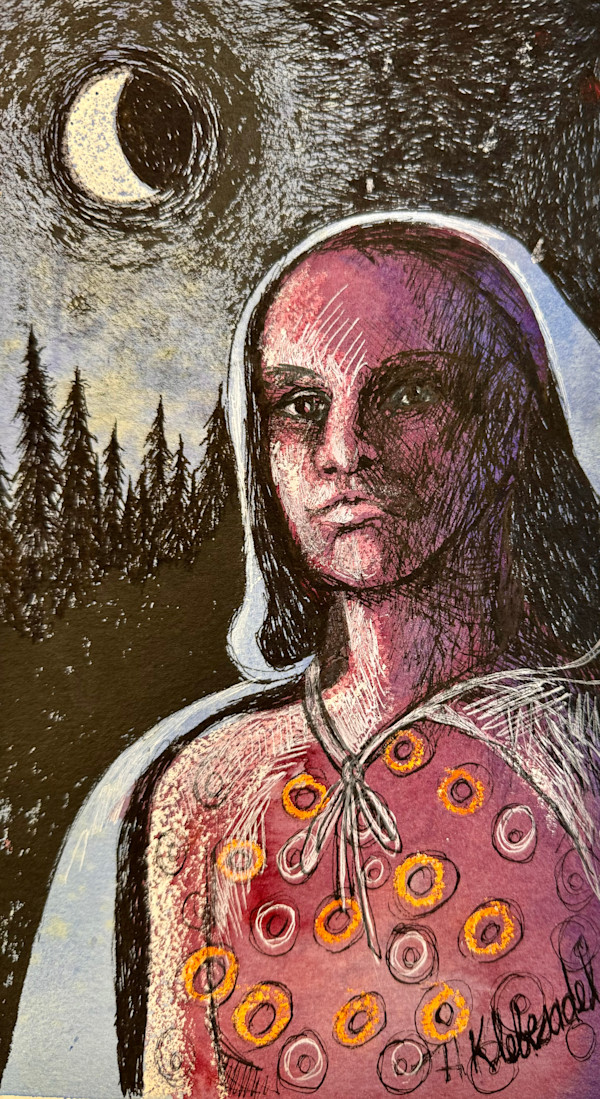 Walk with the Waning Crescent- Drawing a Day #326 by Helen R Klebesadel