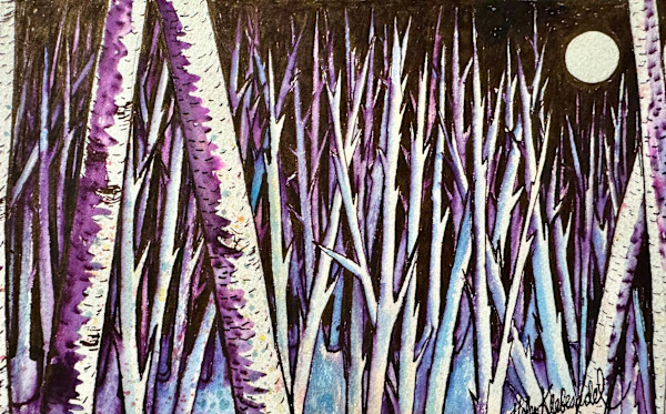 Mad Moon Birch Forest- Drawing a Day #337 by Helen R Klebesadel