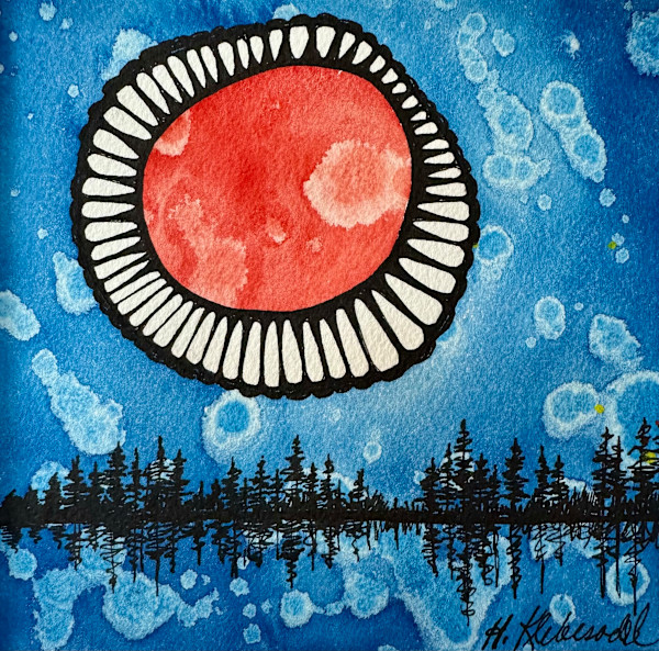 Red Moon Rising an original watercolor and ink by Helen R Klebesadel, Image 1.