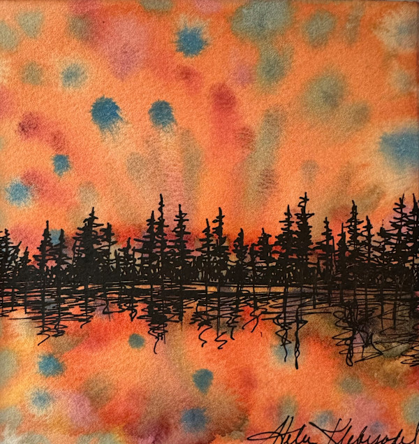 Lake Reflection original watercolor and ink by Helen R Klebesadel, Image 1.
