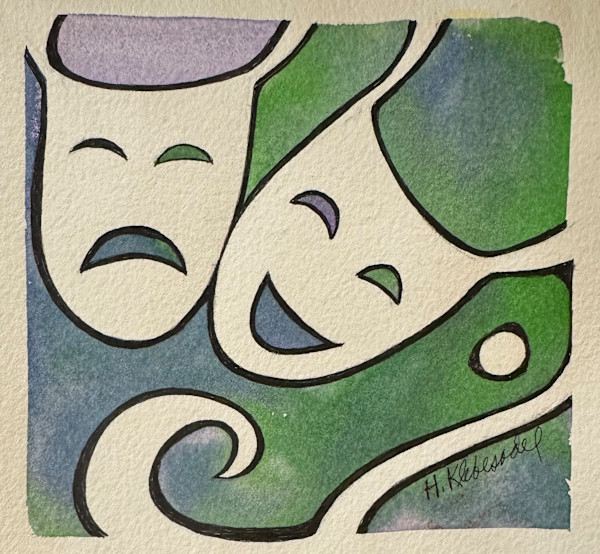 Tragedy and Comedy original watercolor and ink by Helen R Klebesadel, Image 1.