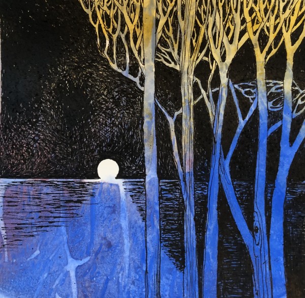 Moonlight Lake- Drawing a Day Series #1 by Helen R Klebesadel