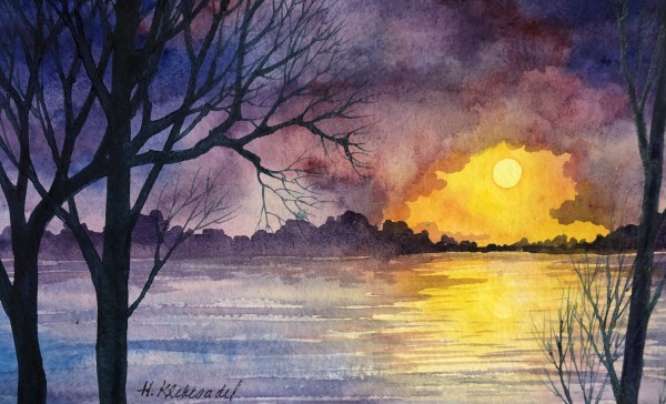 Edge of Night I and original watercolor by Helen R Klebesadel