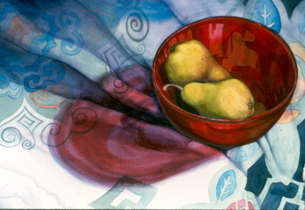 Red Bowl and Pears by Helen R Klebesadel