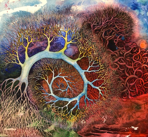 Spiral Tree an original mixed-media and watercolor by Helen R Klebesadel
